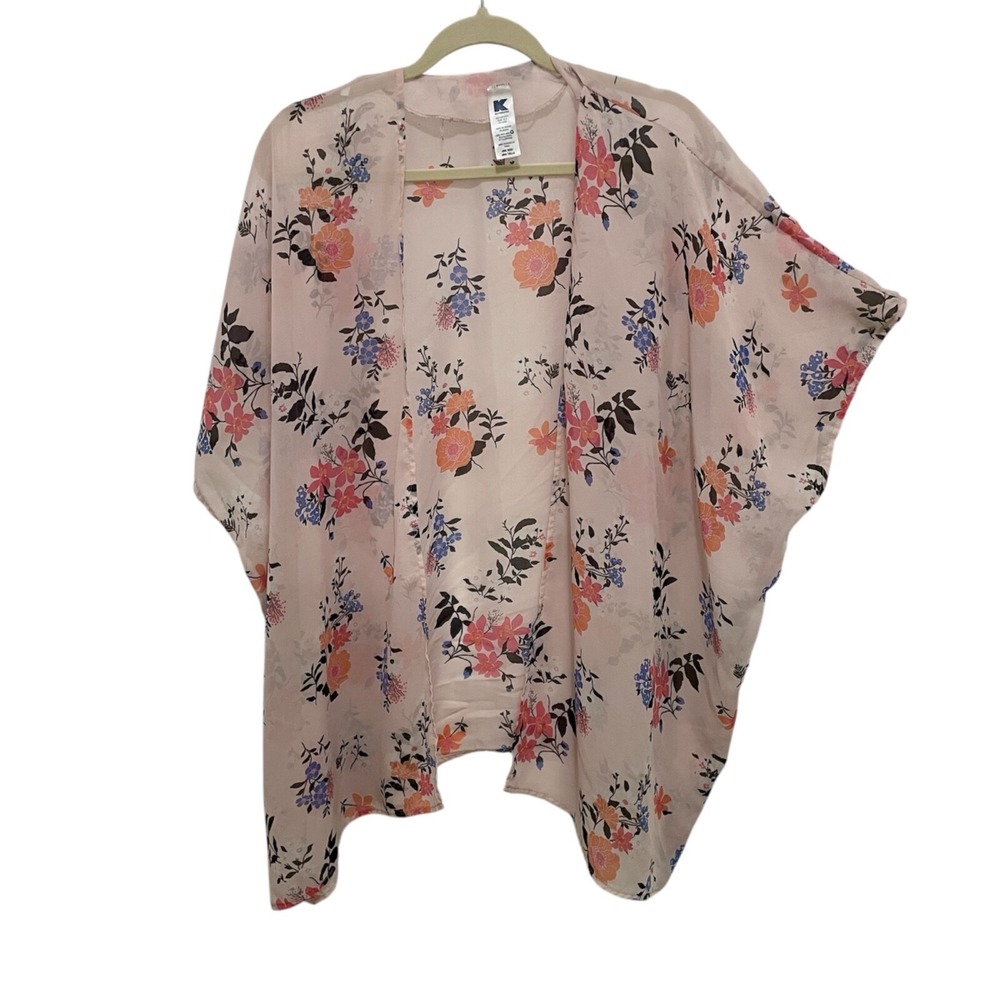 Kimono Wrap Womens One Size Pink Floral Sheer Open Front Layering Cottagecore